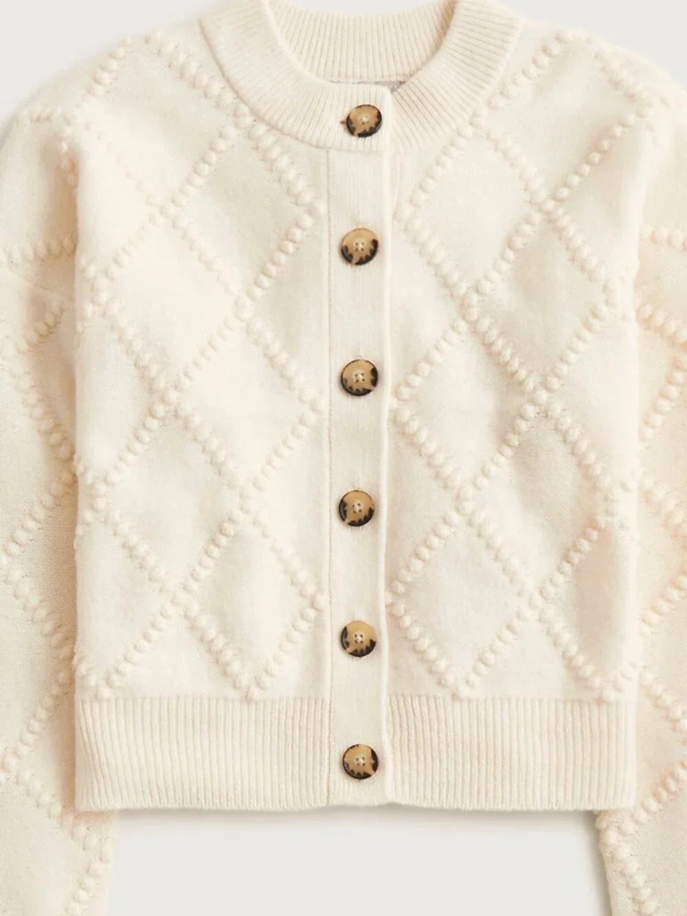 JCrew Popcorn-stitch cardigan in vintage wool, Ivory, Size Large